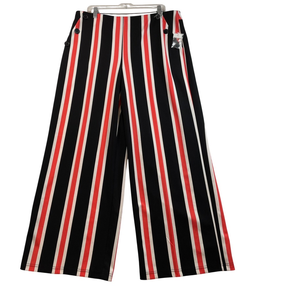 Cato Womens XL Wide Leg‎ Sailor Pants Black Red White Striped High Rise Trousers